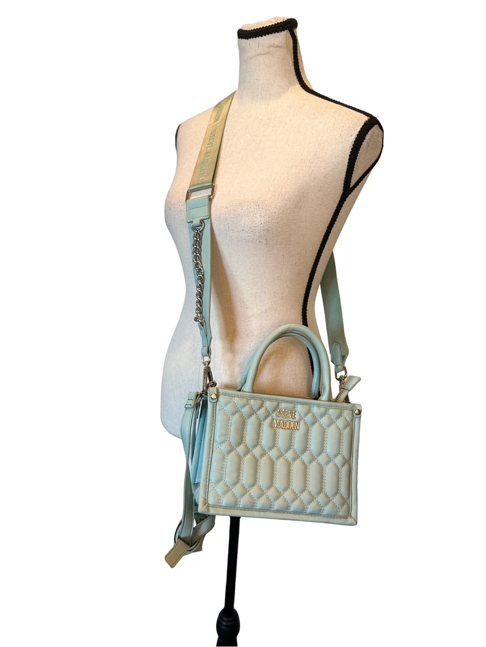 Steve Madden Mint Green Quilted Satchel Crossbody Bag Guitar Strap Mini Tote